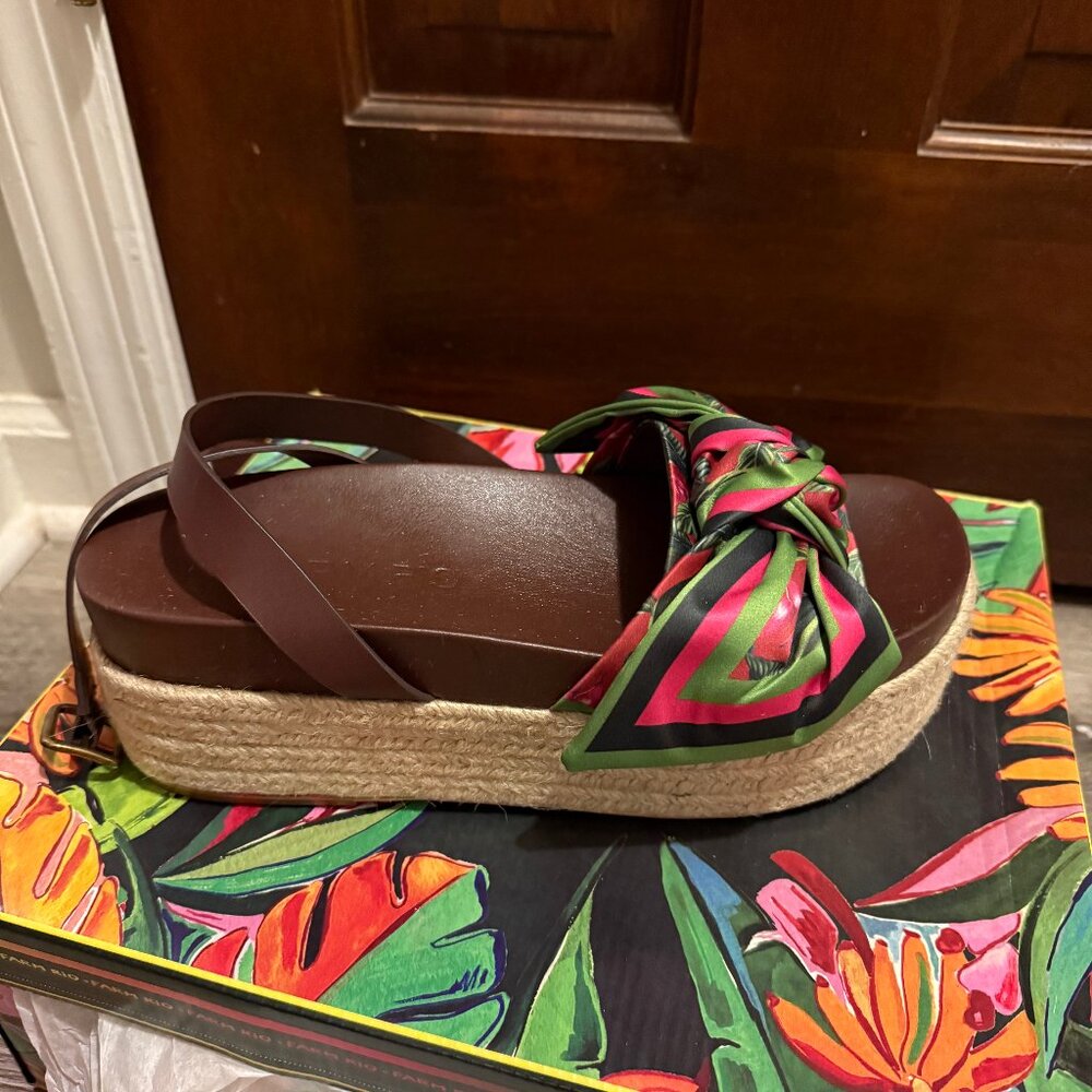 FARM Rio Brown Platform Espadrille Sandal with Green and Pink Scarf Knot